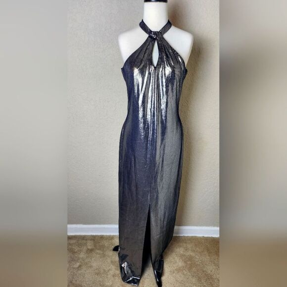 Alex Evenings Vintage Y2K 90's Silver Metallic Halter Maxi Dress Size 8 - Picture 1 of 5